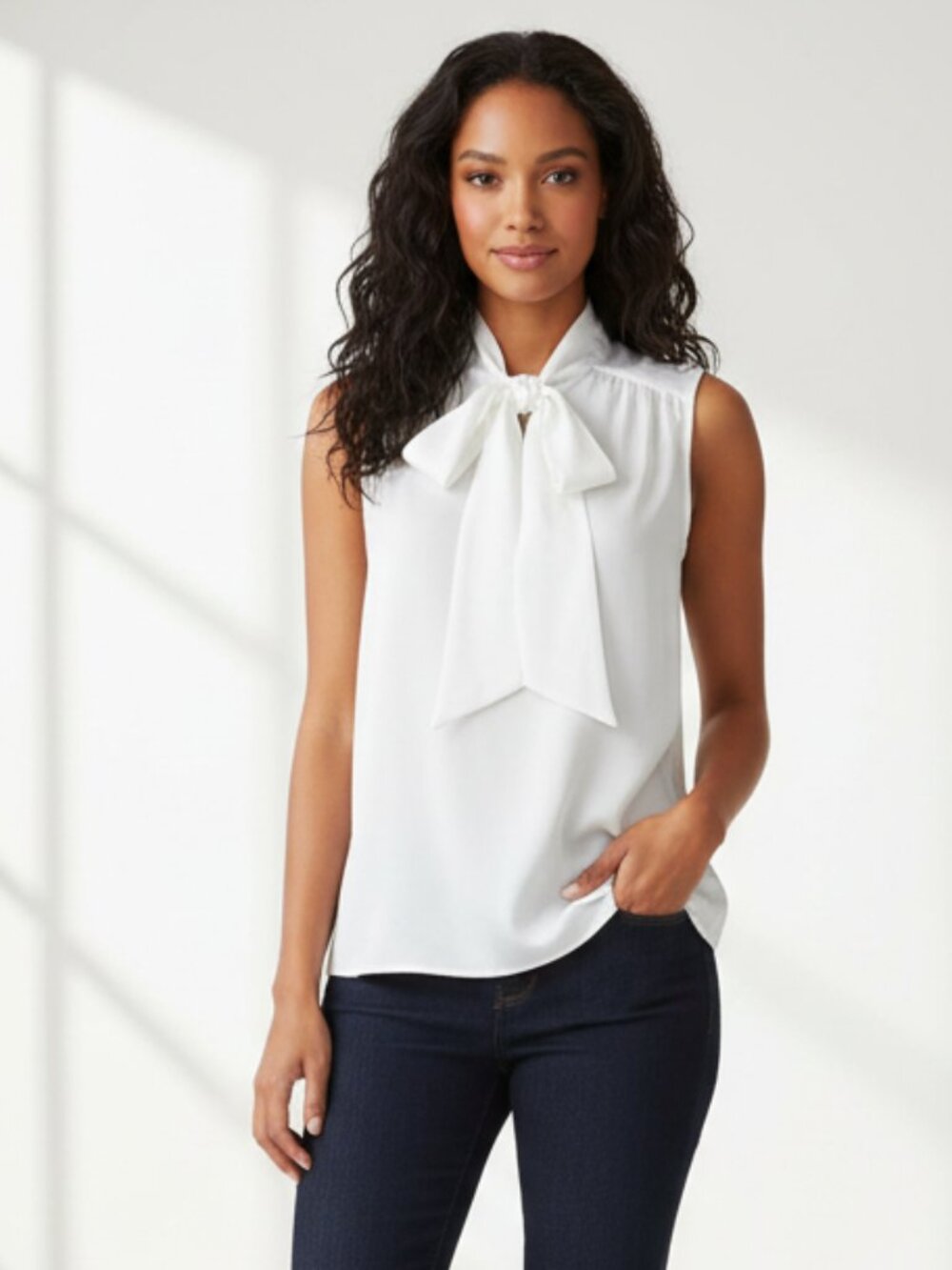 Gemma & Jane Tie Front Sleeveless Top White Medium Bow Front Casual Chic